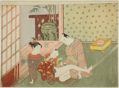 Liebende mit jungem Begleiter, der zuschaut, aus einer unbetitelten Serie erotischer Drucke von Suzuki Harunobu