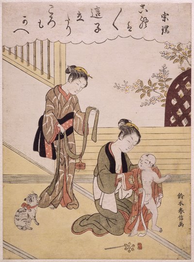 Eine Mutter, die ihren jungen Sohn in einen Kimono kleidet von Suzuki Harunobu