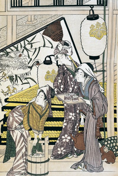 Diener, die zu Hause arbeiten, ukiyo-e Kunstwerk von Suzuki Harunobu, Holzschnitt, japanische Zivilisation, Edo-Zeit von Suzuki Harunobu