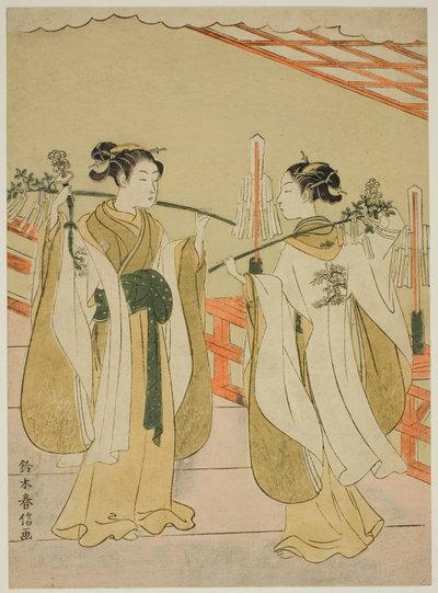 Schrein-Mädchen Onami und Ohatsu tanzen am Yushima Tenjin-Schrein von Suzuki Harunobu