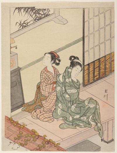 Die Abendglocke der Uhr (Tokei no bansho), aus der Serie "Acht Ansichten des Salons (Zashiki hakkei)" von Suzuki Harunobu