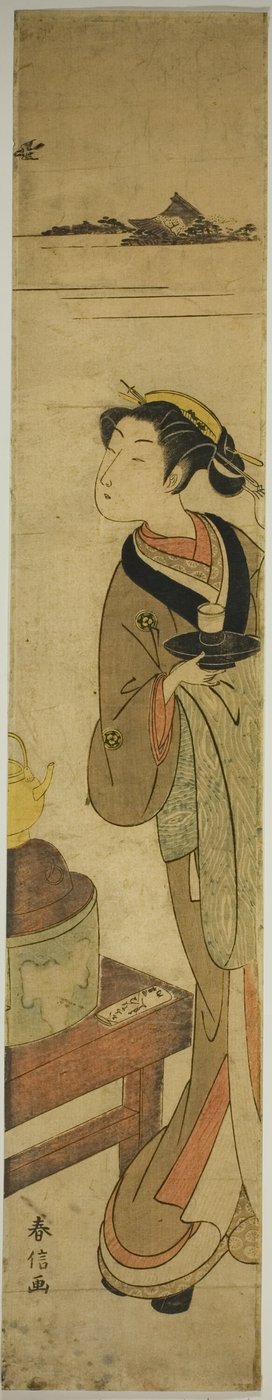 Die Kellnerin Osen aus dem Kagiya-Teeladen bringt eine Tasse Tee von Suzuki Harunobu