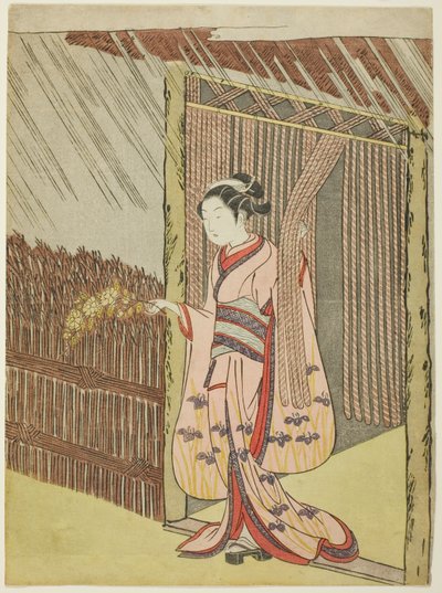 Frau hält einen Zweig von Kerria-Blumen im Regen (Parodie auf Ota Dokan) von Suzuki Harunobu