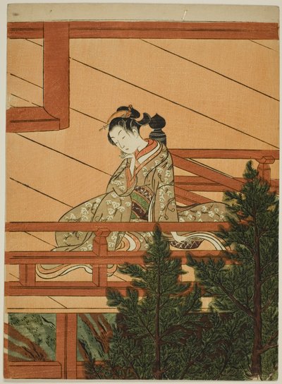 Junge Frau, die auf dem Balkon des Kiyomizu-Tempels sitzt von Suzuki Harunobu