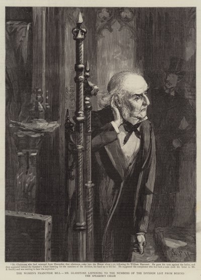 Das Frauenwahlrecht-Gesetz, Mr. Gladstone hört die Zahlen der Abstimmungsliste hinter dem Stuhl des Sprechers (Stich) von Sydney Prior (after) Hall
