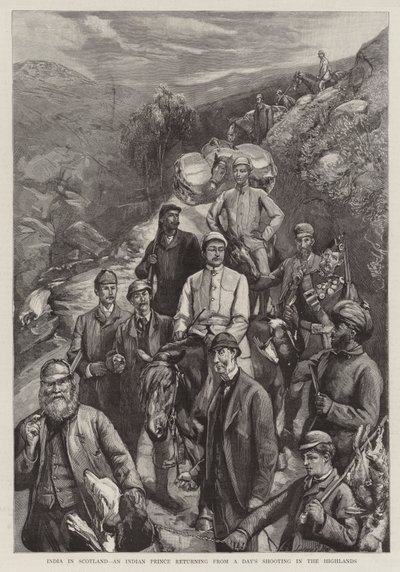 Indien in Schottland, ein indischer Prinz kehrt von einem Jagdausflug in den Highlands zurück von Sydney Prior Hall