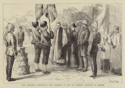 Lady Dufferin überreicht neue Farben an die 18. Bengalische Infanterie in Alipur von Sydney Prior Hall