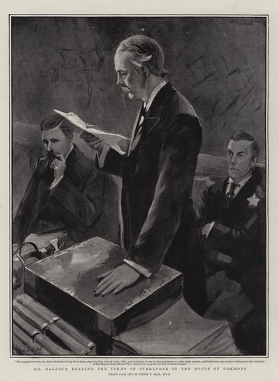 Herr Balfour liest die Kapitulationsbedingungen im Unterhaus vor von Sydney Prior Hall