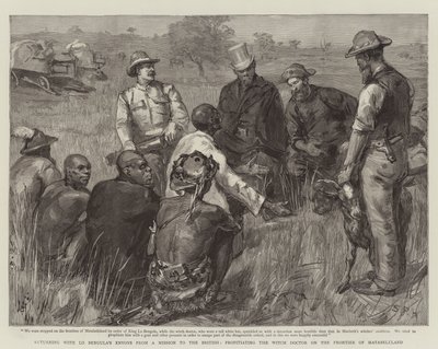 Rückkehr mit den Gesandten von Lo Bengula von einer Mission zu den Briten, Beschwichtigung des Hexendoktors an der Grenze von Matabeleland von Sydney Prior Hall