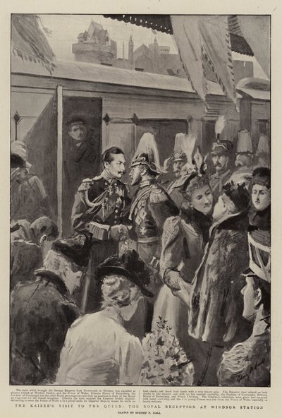 Der Besuch des Kaisers bei der Königin, der königliche Empfang am Bahnhof Windsor von Sydney Prior Hall