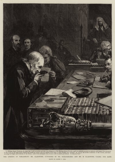 Die Eröffnung des Parlaments, Mr. Gladstone, unterstützt von Mr. Marjoribanks und Mr. H. Gladstone, leistet den Eid von Sydney Prior Hall