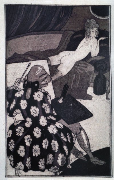 Erotik: Giacomo Casanova (1725-1798) porträtiert seine langgestreckte Geliebte nackt auf einem Sofa (Radierung) von Sylvain Sauvage