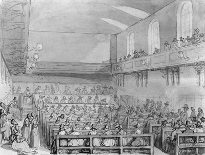 Quäker-Versammlung in einem Londoner Versammlungshaus von T. and Pugin A.C. Rowlandson