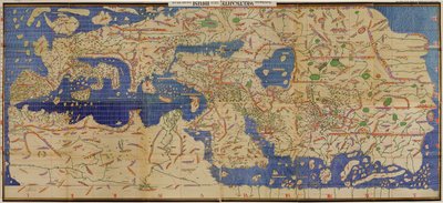 Eine 1929 Kopie mit Namen in lateinischer Schrift des arabischen Tabula Rogeriana von 1154, umgedreht mit Norden nach oben von TabulaRogeriana.jpg