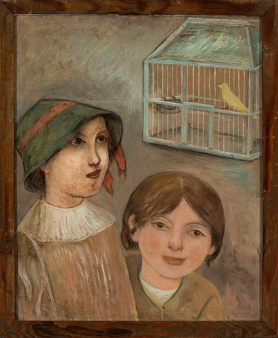 Zwei Mädchen unter einem Käfig mit einem Kanarienvogel von Tadeusz Makowski