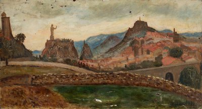 Stadt auf einem Hügel (Umgebung von Le Puy mit Château de Polignac) von Tadeusz Makowski