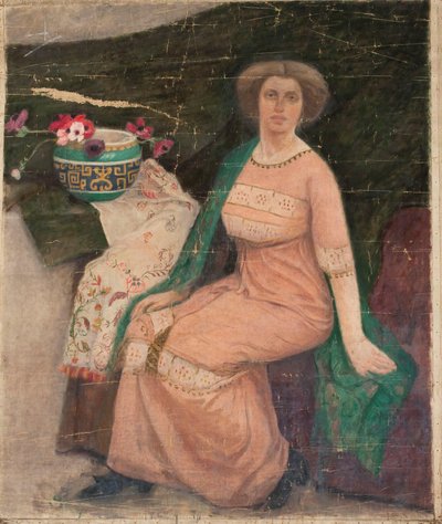 Porträt einer Dame im rosa Kleid (Wanda Popławska) von Tadeusz Makowski