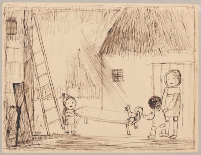 Drei Kinder mit Hahn im Hof von Tadeusz Makowski