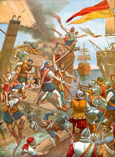 Das Schiff San Gabriele der Flotte von Loayse wird von drei französischen Schiffen angegriffen von Tancredi Scarpelli