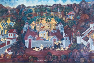 Wandbild mit Szenen aus dem Ramayana im Wat Phra Kaeo, dem Königlichen Großen Palast, Bangkok, Thailand von Thai School