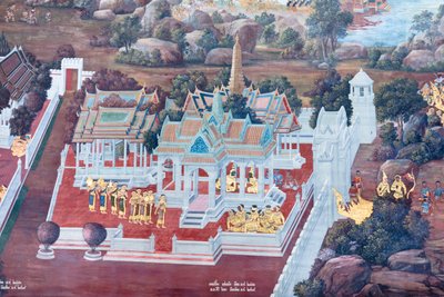 Wandgemälde mit Szenen aus dem Ramayana im Wat Phra Kaeo, dem Königspalast, Bangkok, Thailand von Thai School