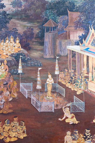Wandgemälde mit Szenen aus dem Ramayana im Wat Phra Kaeo, dem Königspalast, Bangkok, Thailand von Thai School
