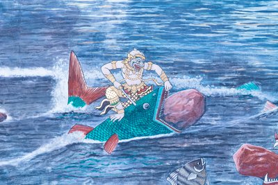 Wandgemälde mit Szenen aus dem Ramayana im Wat Phra Kaeo, dem Königspalast, Bangkok, Thailand von Thai School