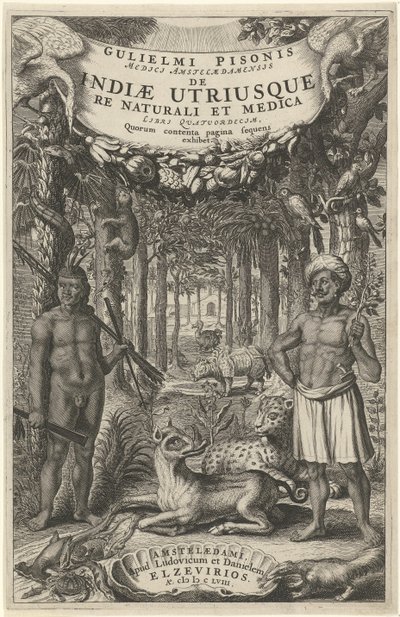 Zwei Männer und wilde Tiere vor einem Wald (Titelblatt für: Indiae Utriusque, 1658) von Theodor Matham