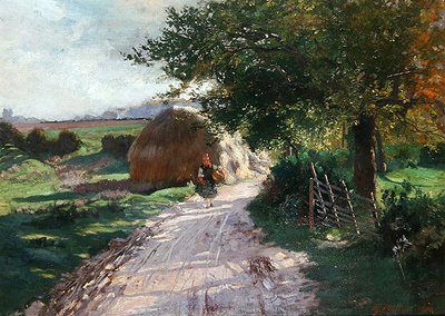 Ländlicher Weg mit einem kleinen Mädchen aus Schwalm von Theodor Matthei