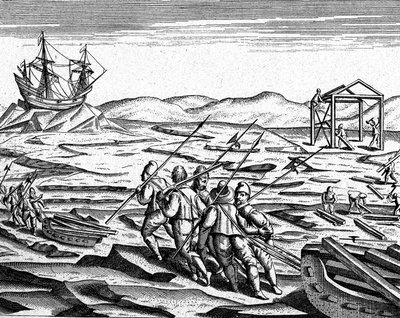 Bau eines Hauses für den Winter am Nordpol von Theodor de Bry