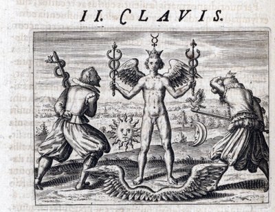 Symbolische Komposition der Alchemie, ein nackter junger Mann, geflügelt und gekrönt, schwingt zwei Kaduzeen, umgeben von Mond und Sonne, gegenüber bewaffneten Männern mit Schwertern, die einen Adler und eine Schlange tragen - Gravur von Theodor de Bry (15 von Theodor de Bry