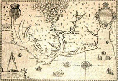 Karte von 1590, graviert von Theodore de Bry nach einem Aquarell des englischen Kolonisten John White, Gouverneur von Roanoke. Virginia und Küste mit kleinen Inseln und Roanoke an der Flussmündung. Secotan und Weapemeoc Indianergebiete. von Theodor de Bry