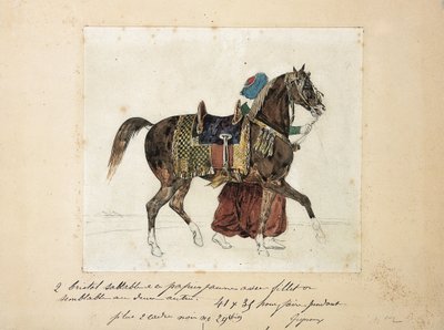 Ein geschirrtes Pferd, geführt von einem Mameluken, zwei Pyramiden im Hintergrund von Theodore Gericault