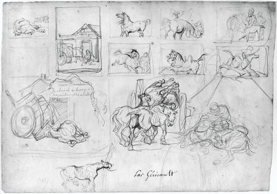 Studie von Pferden (recto); Ein Wagen gefolgt von einem Schildträger (verso) von Theodore Gericault