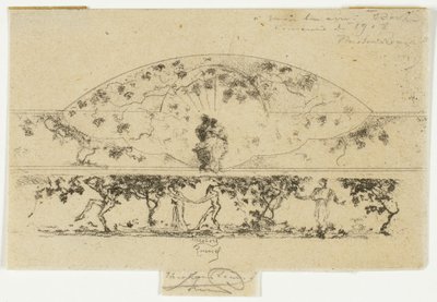 Jupiter und Alkmene und Nymphen und Satyrn auf einem Friesenmedaillon, Studie für die Dekoration eines Rahmens von Theodore Roussel