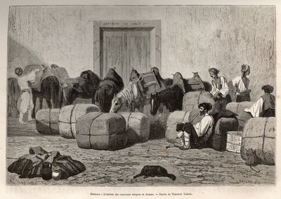 Wenn türkische Karawanen am Zoll von Sebenico (Serbien) ankommen, entladen die Handelsreisenden die Ballen vom Rücken ihrer Kamele, um die Menge und Art der Waren zu überprüfen. Gravur nach der Zeichnung von Theodore Valerio, zur Illustration einer Geschic von Theodore Valerio
