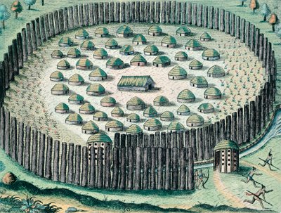Ein befestigtes Indianerdorf, Illustration aus The Discourse of Florida, von Theodore de Bry, Gravur von Theodore de Bry