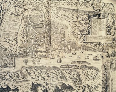 Stadt Goa in Indien, Kupferstich von Theodor de Bry aus dem Reisebericht der Reise des Seemanns Jan Huyghen van Linschoten nach Portugiesisch-Ostindien 1579-1592, 16. Jahrhundert von Theodore de Bry