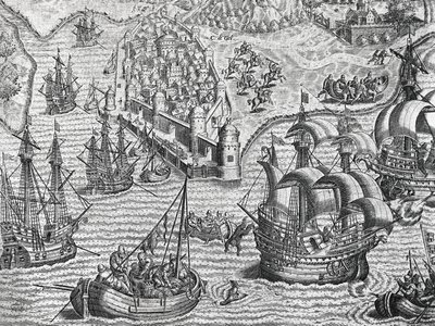 Seeschlacht, Gravur aus der Amerikanischen Geschichte von Theodor de Bry von Theodore de Bry