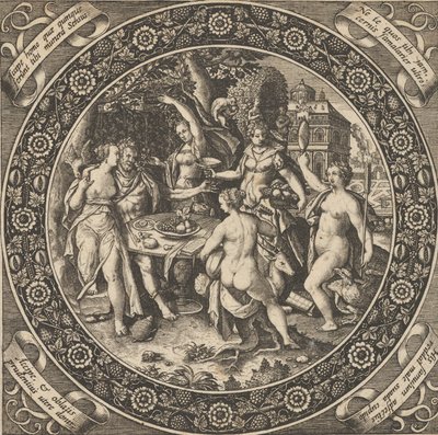 Szene mit einem Liebesfest in einem Kreis in der Mitte, 1580-1600 von Theodore de Bry