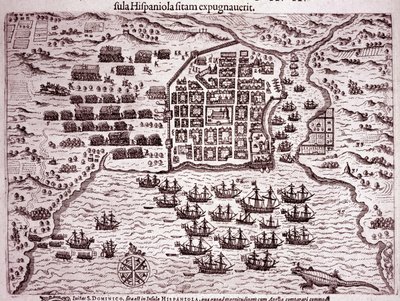 Die Flotte von Francis Drake besetzt die Insel Santo Domingo (Gravur) von Theodore de Bry