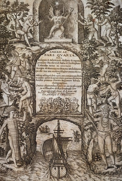 Westindien oder Amerika, von Theodor de Bry, Frontispiz, Gravur von Theodore de Bry