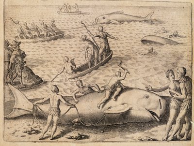 Walfang bei Spitzbergen, Gravur von Theodor de Bry aus India Orientalis von Theodore de Bry