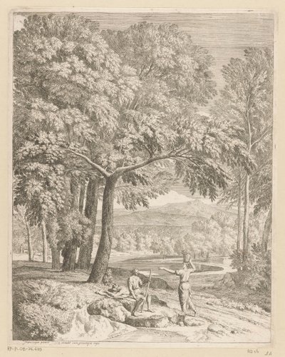 Arkadische Landschaft mit zwei Männern und einer korbtragenden Frau von Théodore