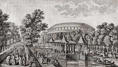Ranelagh Gardens, Chelsea, London, England. Das Äußere der Rotunde in den Ranelagh Gardens, das "Chinesische Haus" und ein Teil des Geländes, nach dem Stich von Thomas Bowles von Thomas (after) Bowles