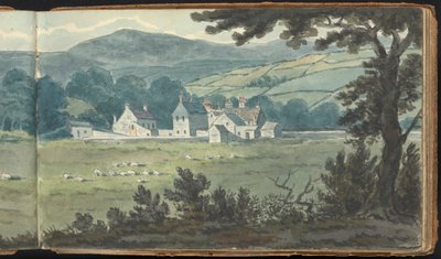 Album mit Landschafts- und Figurenstudien: Ländliche Landschaftsszene mit Bauernhof und weidenden Schafen von Thomas Bradshaw