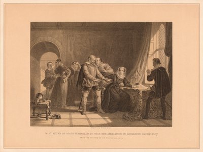 Maria Stuart gezwungen, ihre Abdankung in Schloss Lochleven zu unterschreiben, 1567, 1878 von Thomas Brown