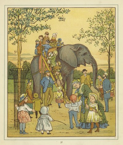 Eine Gruppe von Menschen im Londoner Zoo neben einem Elefanten, der Fahrten anbietet von Thomas Crane