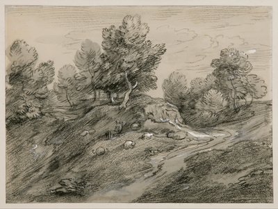 Bewaldete Hügellandschaft mit Schäfer und Schafen und Landweg um einen Hügel von Thomas Gainsborough