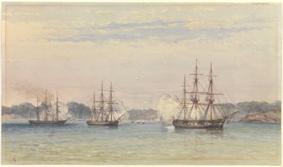 Der China-Krieg 1857, drei Schiffe Ihrer Majestät bombardieren und Schiffsboote an Land von Thomas Goldsworth Dutton